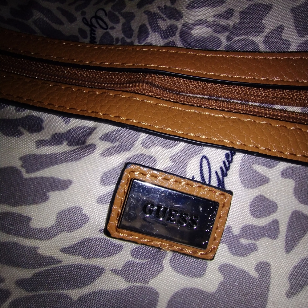 GUESS 2 Zipper handbag Multi Pocket Blue & White Brown Straps Cheetah P Lining - Picture 4 of 9